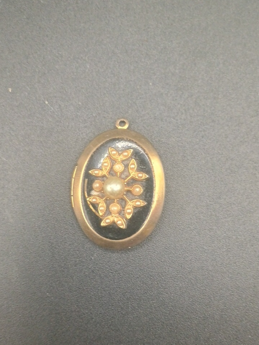 Gold-Tone Oval Black Enamel Locket Pendant with Pearl Accents